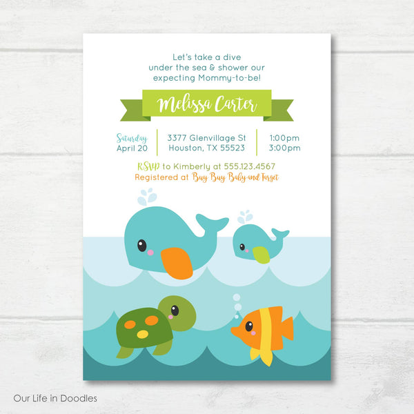 Ocean Invitation, Whale Ocean Creatures Baby Shower Party Invite