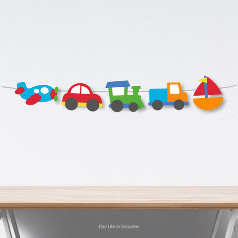 Transportation Banner, Party Decor Garland, Cars Trucks Birthday Printable Party, Cake Topper