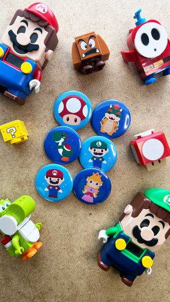 Button Pins Set. Mario Bros Badge. Video Game Pin Back Button