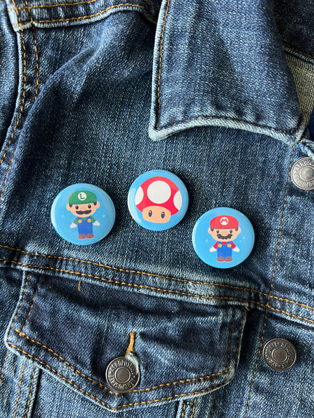 Button Pins Set. Mario Bros Badge. Video Game Pin Back Button