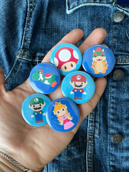 Button Pins Set. Mario Bros Badge. Video Game Pin Back Button