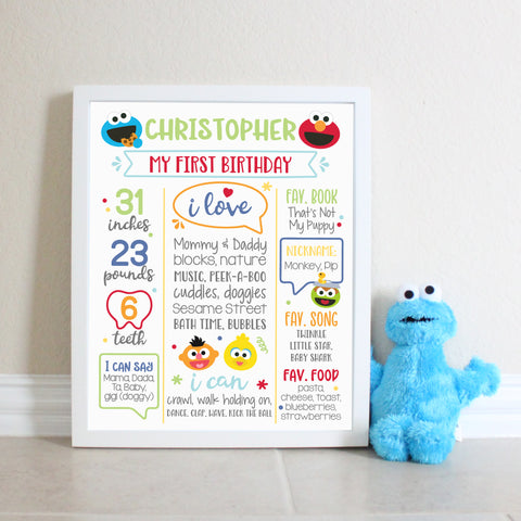 Sesame Street First Birthday Sign, Elmo Milestone Printable, Party Decor, Kids Room Decor