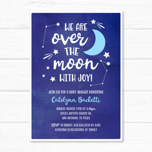 Over the Moon Invitation, Twinkle Star Party, Galaxy Baby Shower Invite