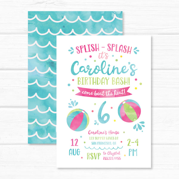 Splish Splash Invitation, Summer Beach Ball Birthday Party Invite