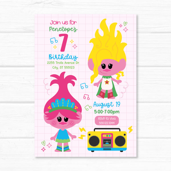 Trolls Invitation, Sisters Trolls Birthday Invite