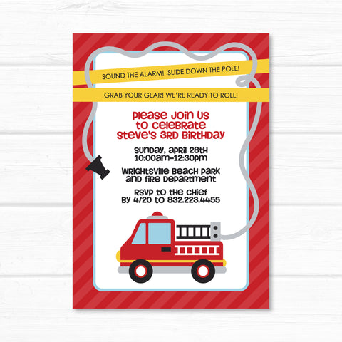 Fire Truck Invitation, Fire Fighter Birthday Boy Party Invite