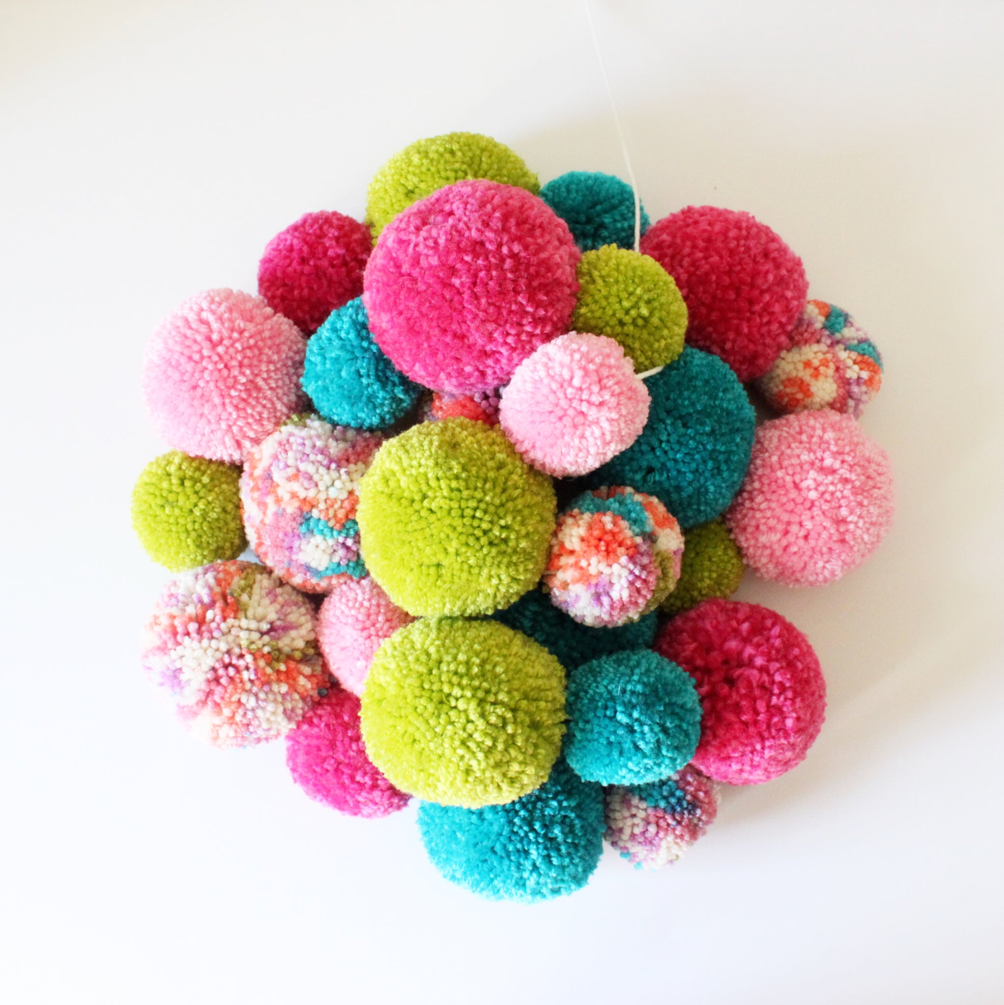 Pom Pom Garland, Yarn Pinks Teal Green Colors, Kids Party Decor and Room Decor