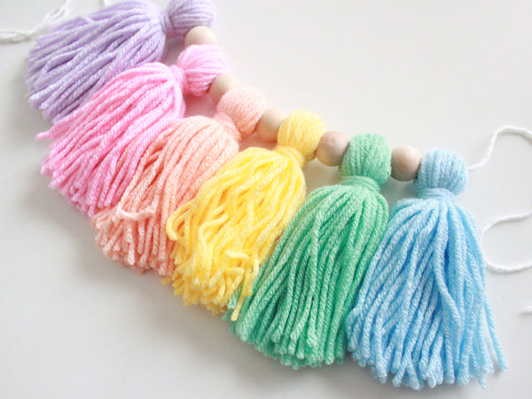 Tassels Garland, Pastel Rainbow Banner. Tassels and Beads.