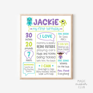 Monsters Inc First Birthday Sign, Milestone Art Print, Mike & Sully Printable Party Decor