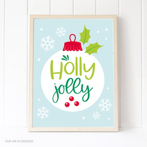 Christmas Art Print, HOLLY JOLLY Ornament Printable