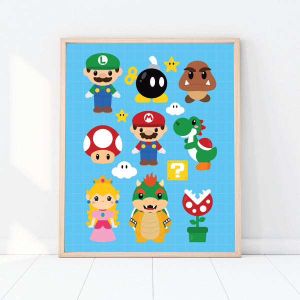 Video Game Art Print, Mario Bros Video Game Printable Room Decor