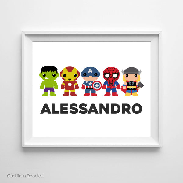 Super Heroes Art Print, Avengers Personalized Name, Printable Kids Wall Art Room Decor