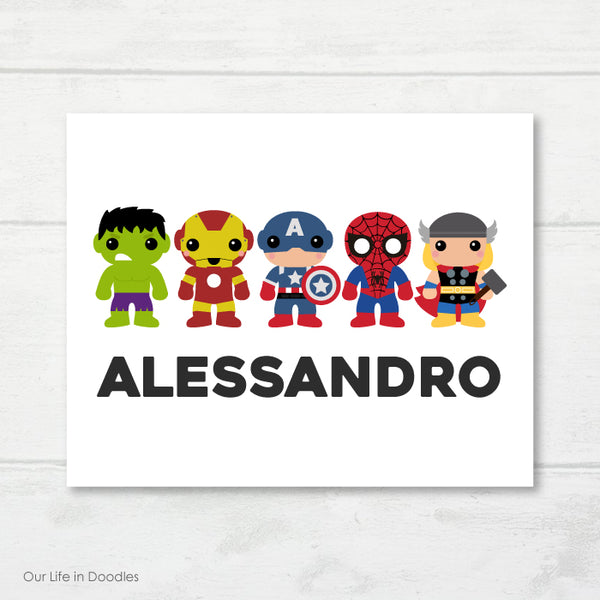 Super Heroes Art Print, Avengers Personalized Name, Printable Kids Wall Art Room Decor