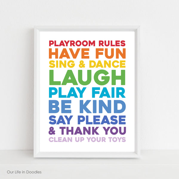 Playroom Rules Art Print, Rainbow Colors Wall Art, Printable Playroom Kids Room Decor