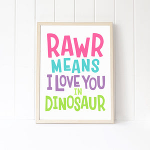 Dinosaur RAWR Art Print, "RAWRS Means I Love You in Dinosaur" Digital Printable Wall Art Decor