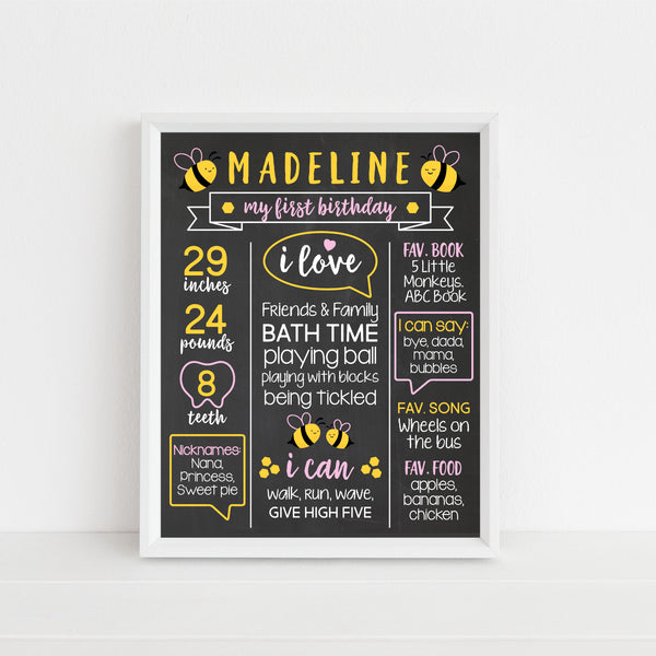 Bumble Bee First Birthday Sign, Milestone Art Print, Bee Party Decor, Printable Kids Room