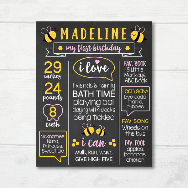 Bumble Bee First Birthday Sign, Milestone Art Print, Bee Party Decor, Printable Kids Room