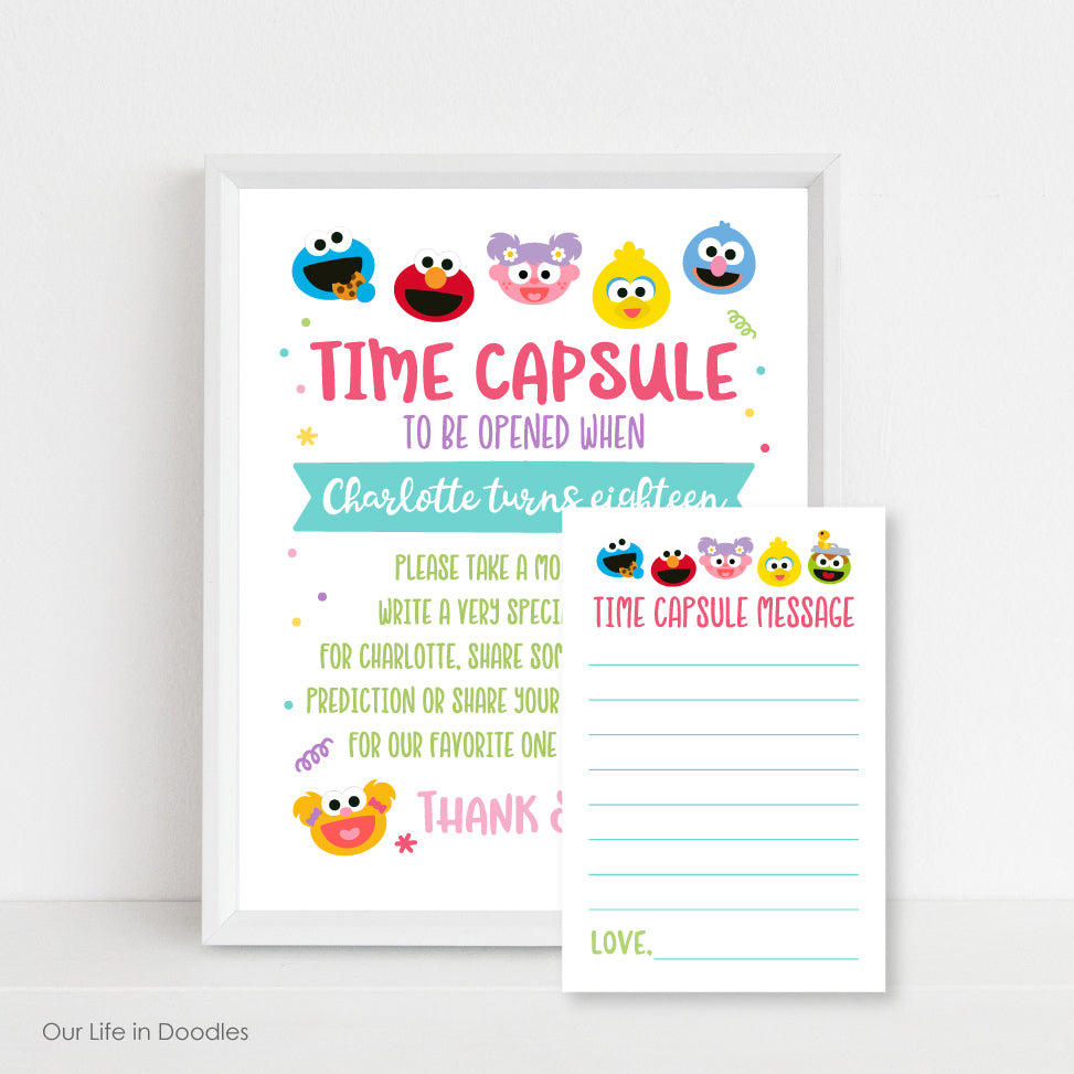 Sesame Street Time Capsule Sign & Time Capsule Cards, Monsters First Birthday Party, Printable Party Decor