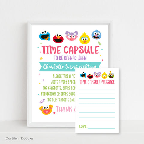 Sesame Street Time Capsule Sign & Time Capsule Cards, Monsters First Birthday Party, Printable Party Decor