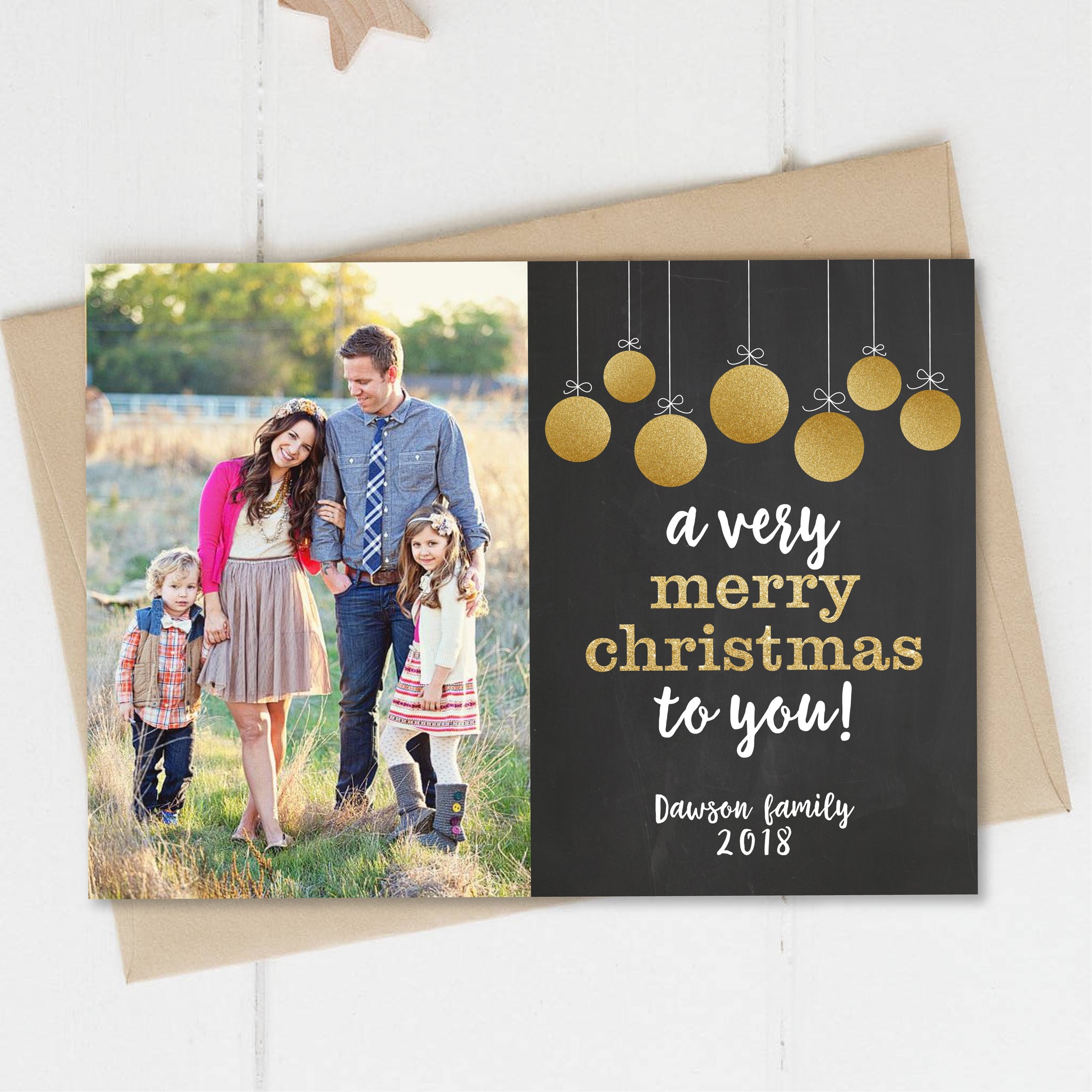 Christmas Photo Card, Holiday Picture Card, Merry Christmas To You, Gold Glitter Ornaments