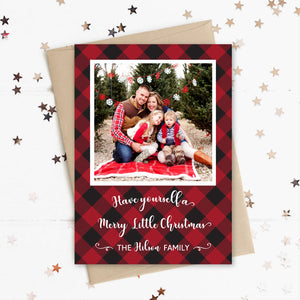 Christmas Photo Card, Holiday Picture Card, Merry Little Christmas, Flannel Plaid Red and Black