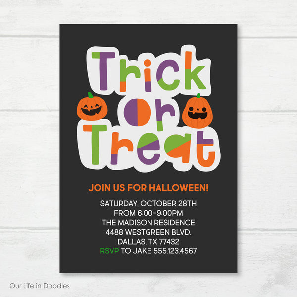 Halloween Invitation, Trick or Treat Invite Card