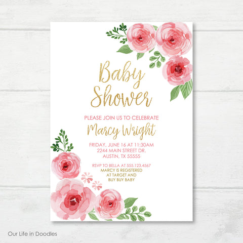 Floral Invitation, Gold and Pink Flowers, Garden Baby Shower Party Invite