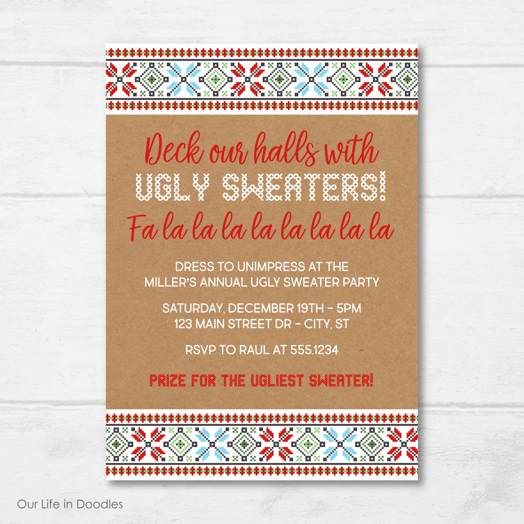 Ugly Sweater Christmas Invitation, Deck our Halls Stitching, Holiday Birthday Party Invite