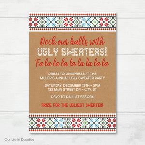 Ugly Sweater Christmas Invitation, Deck our Halls Stitching, Holiday Birthday Party Invite
