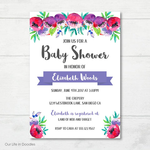 Floral Invitation, Purple Flowers, Garden Boutique Baby Shower Party Invite