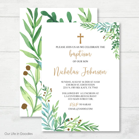 Baptism Invitation, Garden Leaves Religious Invite Card