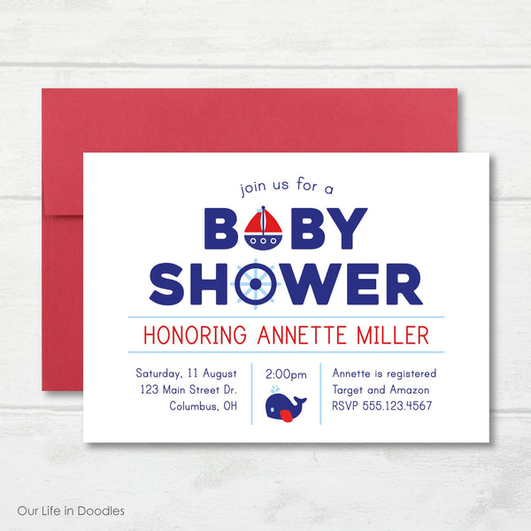 Nautical Invitation, Whale Boat Anchor Baby Shower Party Invite