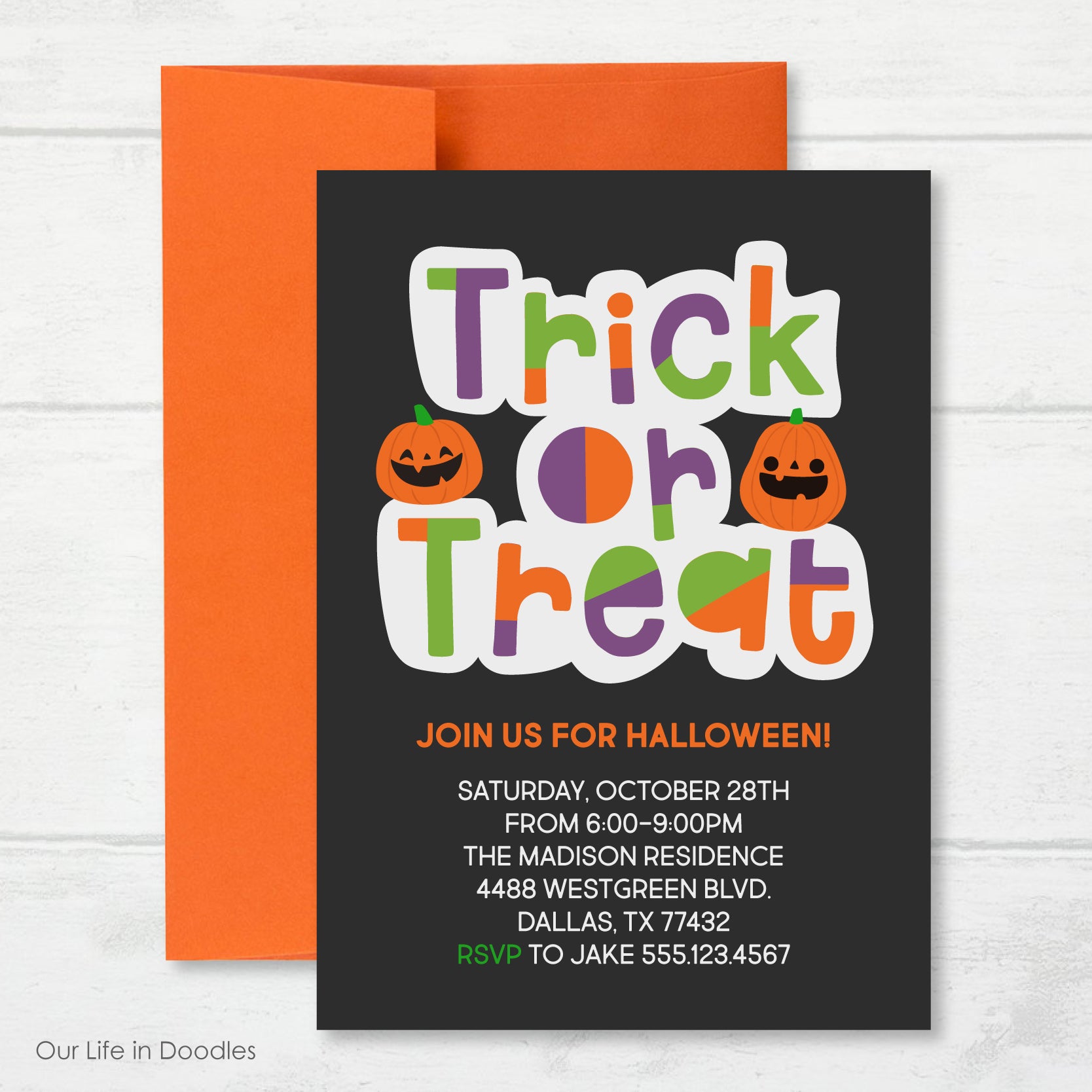 Halloween Invitation, Trick or Treat Invite Card