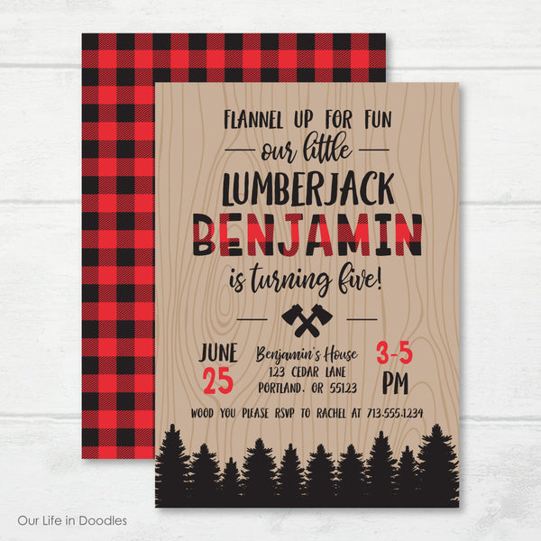 Lumberjack Invitation, Wood Plaid Birthday Party Invite