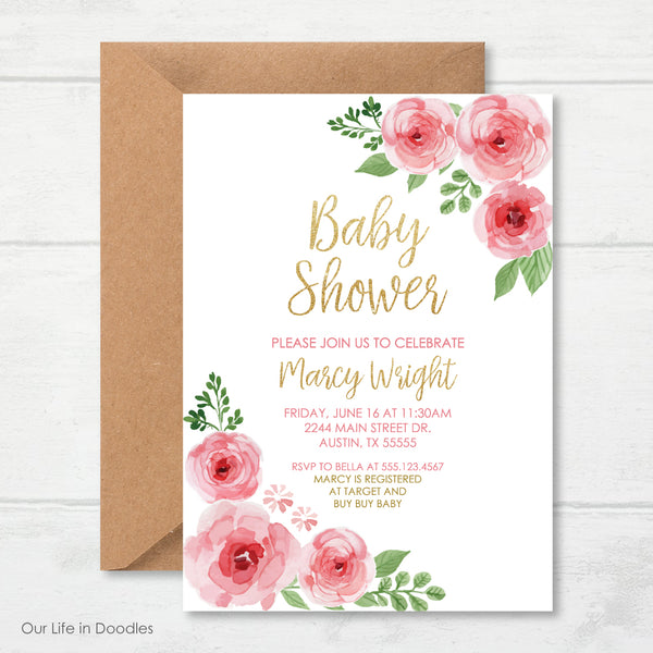 Floral Invitation, Gold and Pink Flowers, Garden Baby Shower Party Invite
