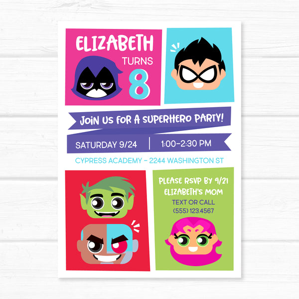 Teen Titans Invitation, Super Heroes Birthday Invite