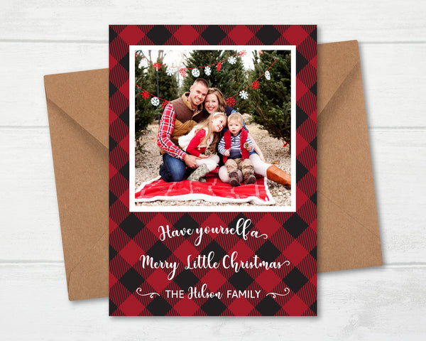 Christmas Photo Card, Holiday Picture Card, Merry Little Christmas, Flannel Plaid Red and Black