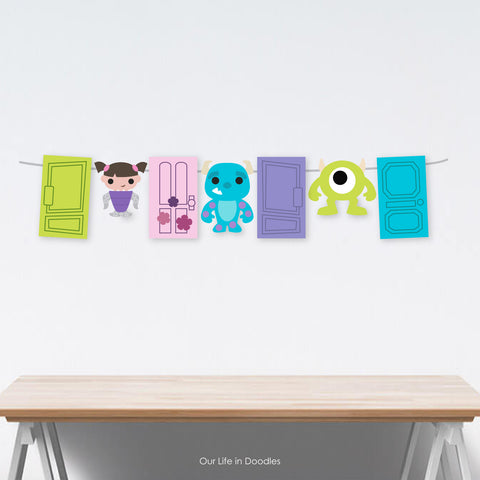 Monsters Inc Banner, Mike, Sully, Boo Party Decor Garland, Birthday Printable Party, Cake Topper