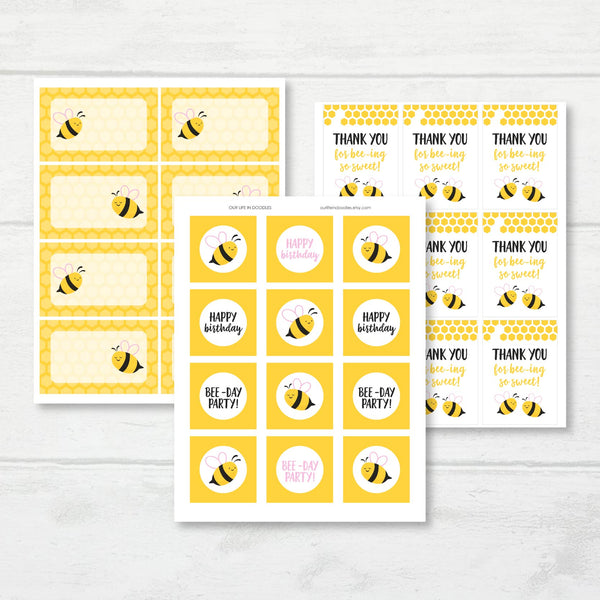 Bee Party Decor, Bumblebee First Birthday Printable Party, BeeDay Favor Tag Cupcake Topper